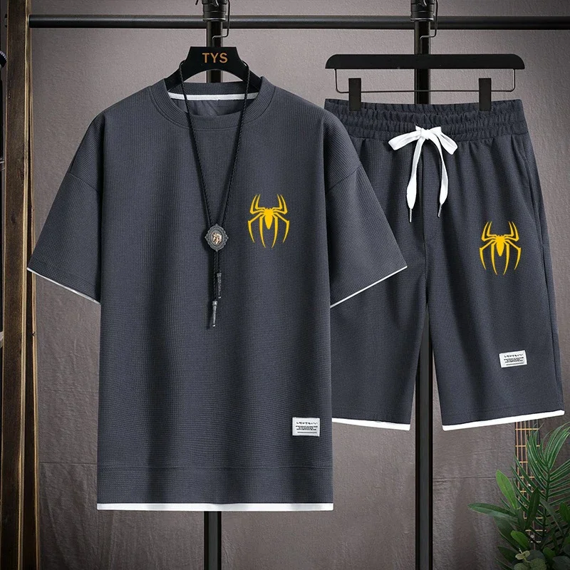 thumbnail image 1 of Conjunto deportivo informal para hombre, pantalones cortos de verano de manga corta a la moda, ropa de moda, camiseta de tela tipo gofre, conjunto holgado de dos piezas, 1 of 5