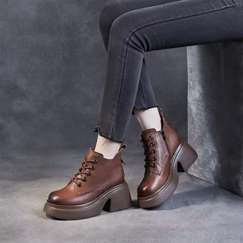 PU Leather ankle boots for women 2023 autumn/winter new shoes thick sole low top women platform shoes soft sole women's boots