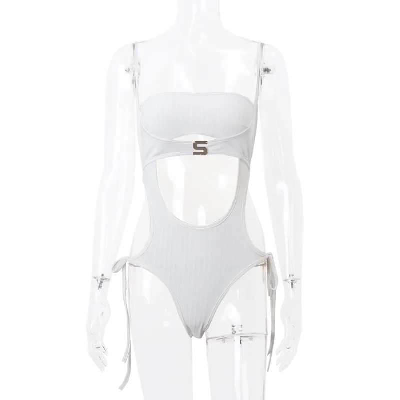 Body de una pieza con escote tipo bustier sin mangas y encaje de color liso para festival, traje de verano sin espalda, body ajustado sexy, lencería