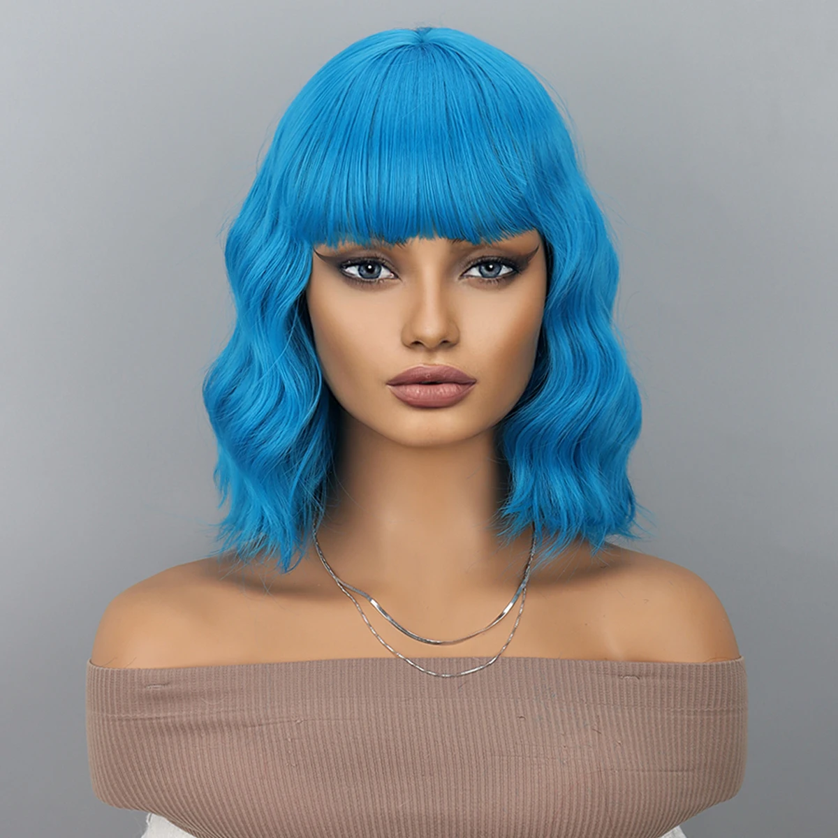 Blue Bob Wigs with Bangs Short Colorful Wavy Curly Synthetic Wig for Cosplay Halloween Costume Party Use