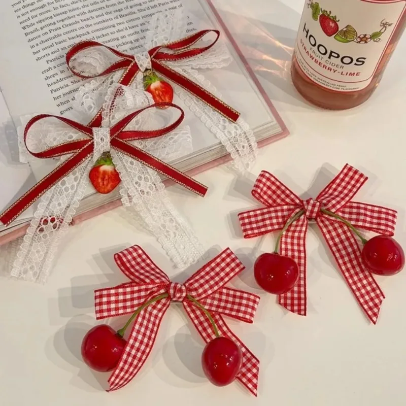 Red Cherry Bow Girls Hair Clip Plaid Lace Bow Ribbon Strawberry Hairpin Kawaii Side Bangs Clip Barrettes Kids Headwear