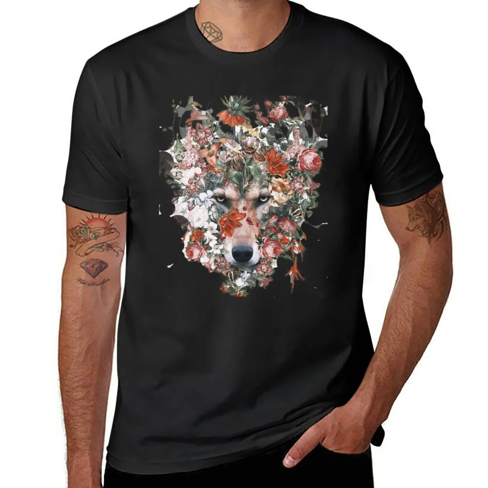 

New Wolf With Flowers T-Shirt Short sleeve hippie clothes mens graphic t-shirts