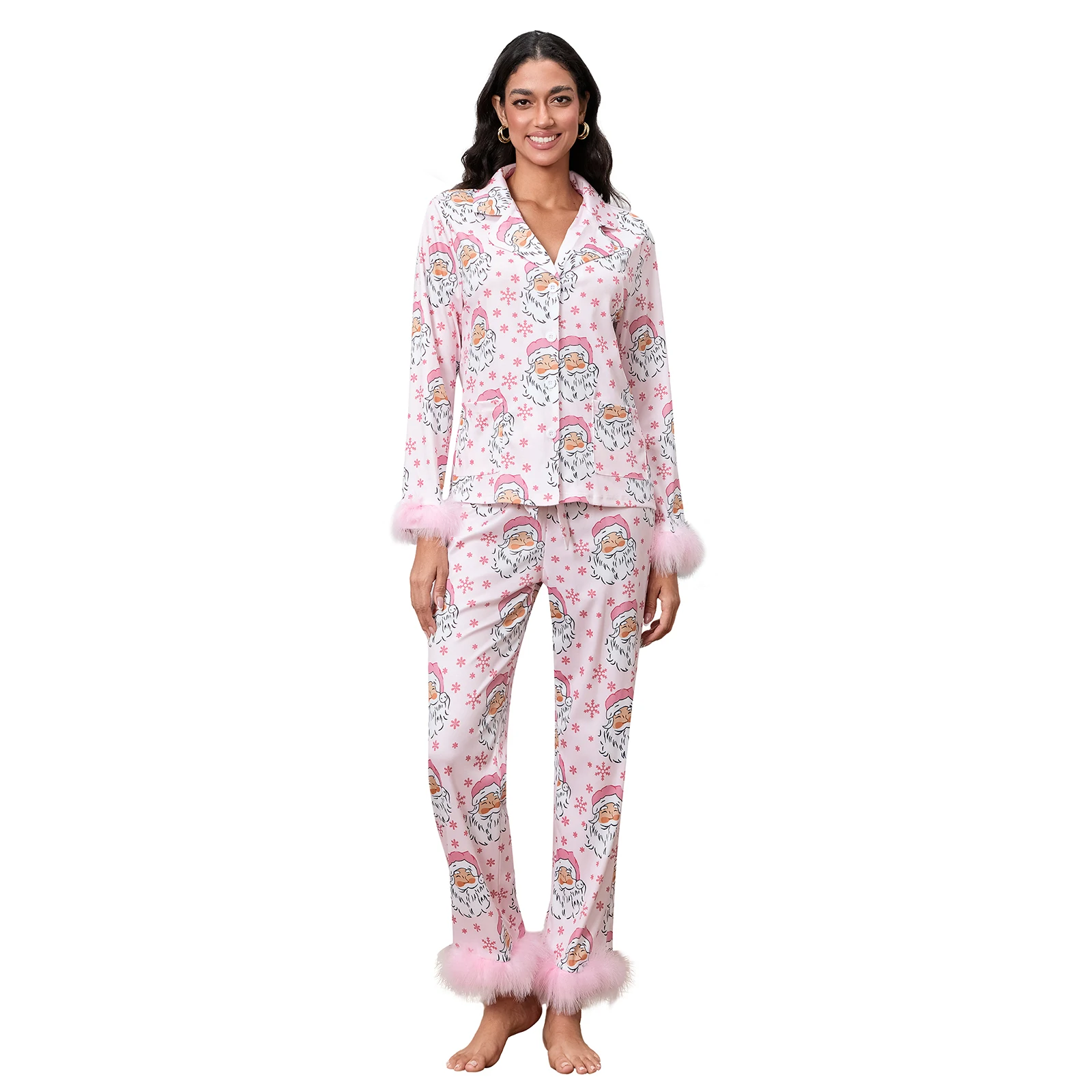 Conjuntos de pijamas familiares a juego para madre e hija, blusas con ribete de plumas de leopardo, cuadros y Papá Noel + pantalones con cintura elástica, conjuntos de ropa de dormir