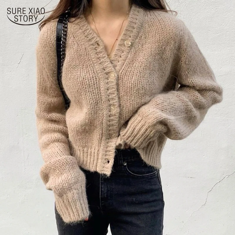 

Sweet Solid Single Breasted Knit Women Tops Korean V-neck Cardigan Autumn Casual Knitted Sweater Winter Pull Femme Clothes 17849