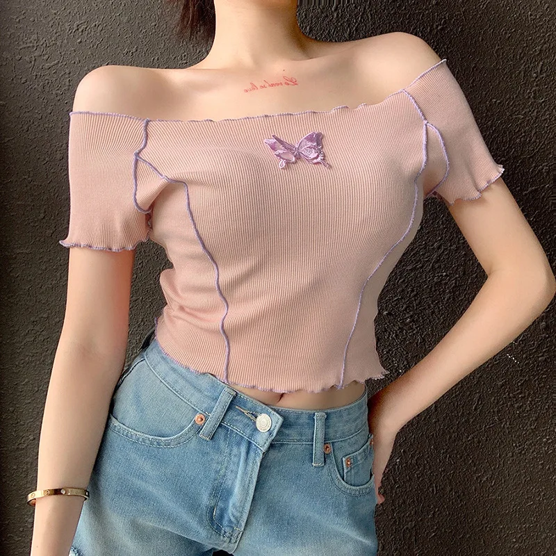 

2024 new Sweet Butterfly Appliques Ruffles Hems Crop Tops Y2K Style O-neck Short Sleeve Pink T-shirts Fashion Summer Tees