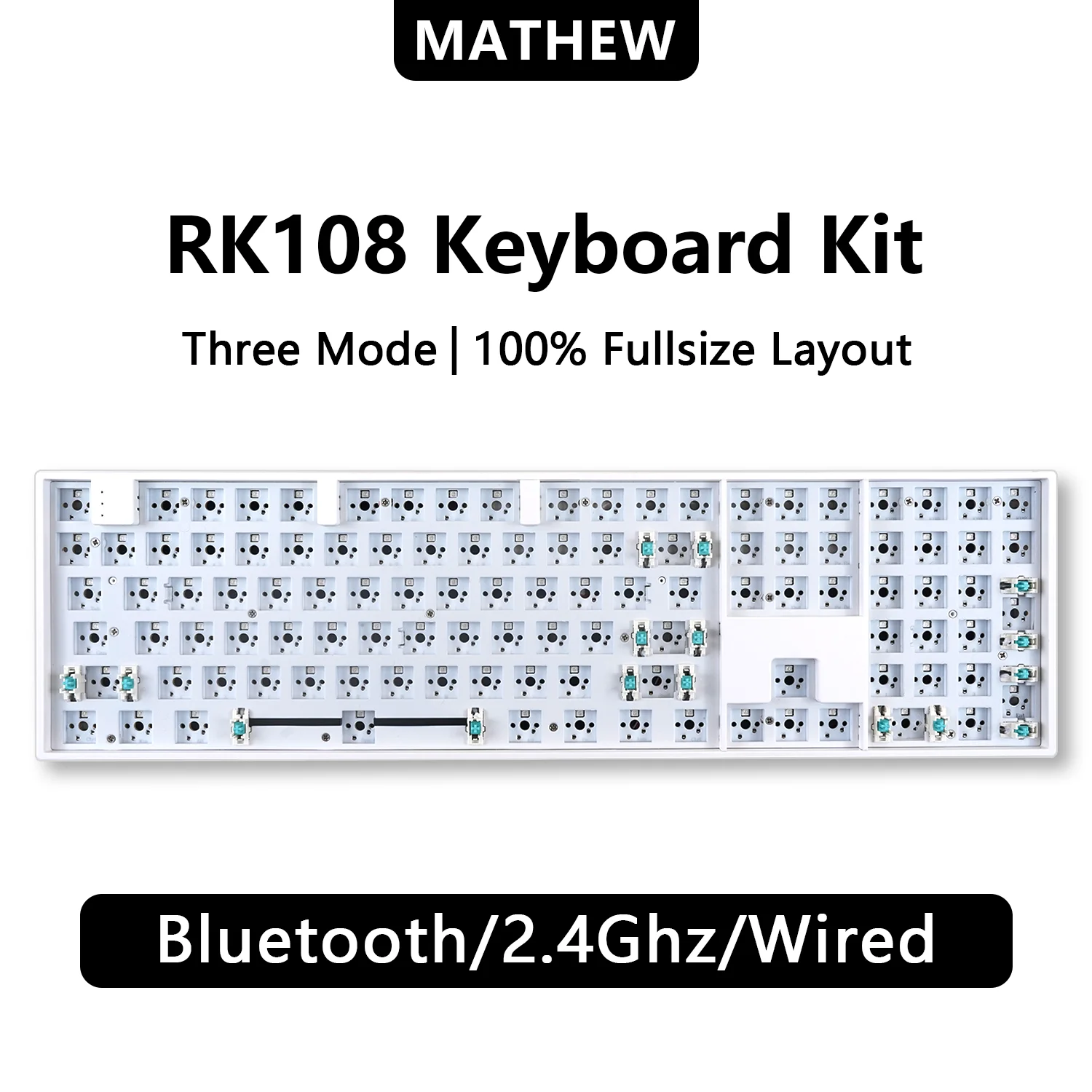 RK108 기계식 키보드 키트, RGB 3 모드 2.4G 무선 풀 사이즈 키보드, 베어본 DIY 커스텀 108 키, 숫자 패드 포함