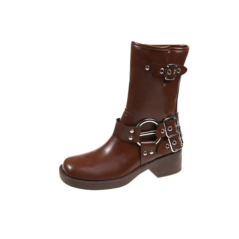 High Quality Ladies Shoes 2026 Autumn Winter New Women's Western Cowboy Boots Retro Brown Belt Buckle Round Head High Boots