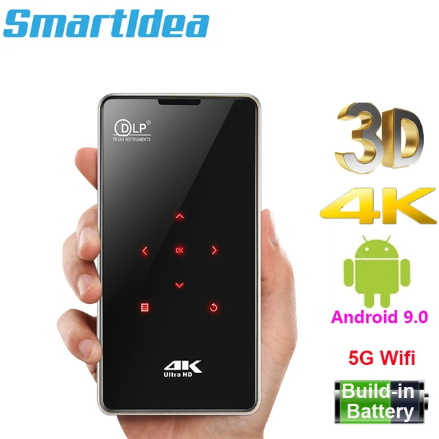 Smartldea hd Pocket Smart Projector Android 9.0 5G Wifi BT5.0 DLP Mini  Proyector Battery support 4K Smartphone portable Beamer