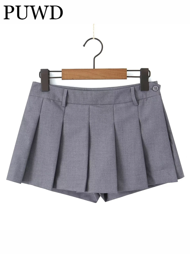 

PUWD Casual Women Grey Pleated Shorts Skirts 2023 Summer Fashion Ladies Vintage High Waist Side Zipper Female Bottoms Chic