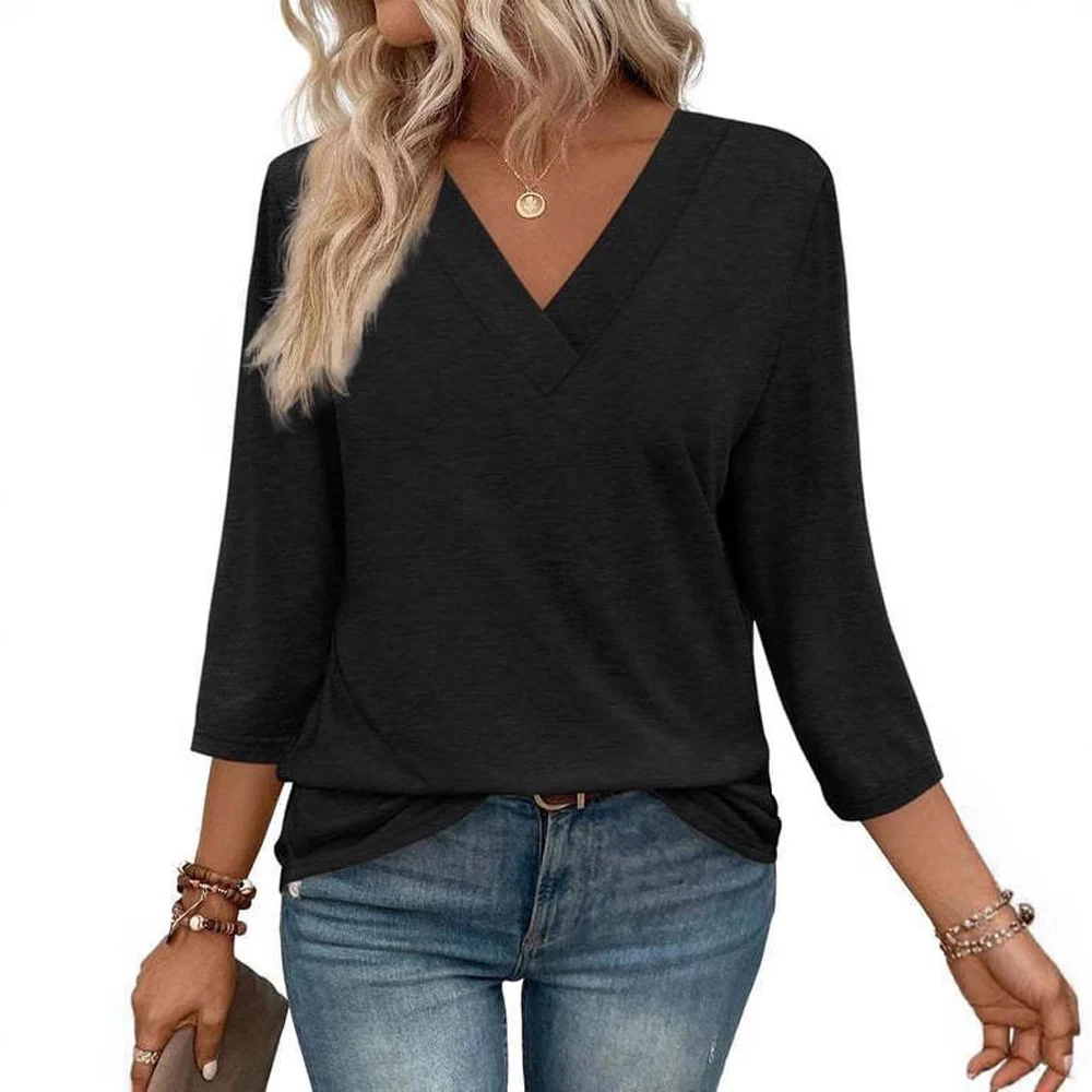 Women Long Sleeve V Neck Solid Color Loose Fit T Shirt
