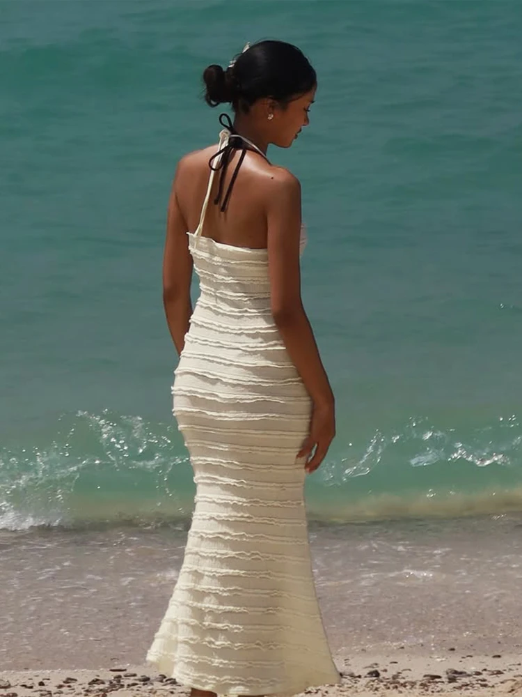 Nibber Multi-Layered Wavy Edges Maxi Dress Women Halter Lace-Up Ring Decoration Elegant Party Vacation Temperament Vestidos