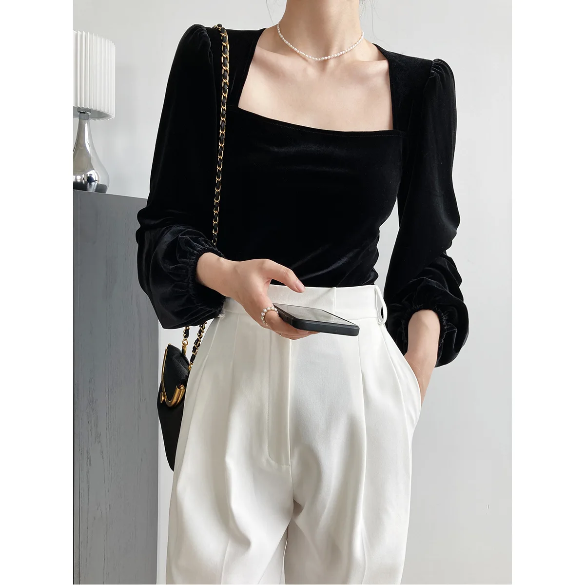 

New Women Fashion Black Short Velvet Blouse Office Ladies Elegant Solid Color Shirt Chic Blusas Tops
