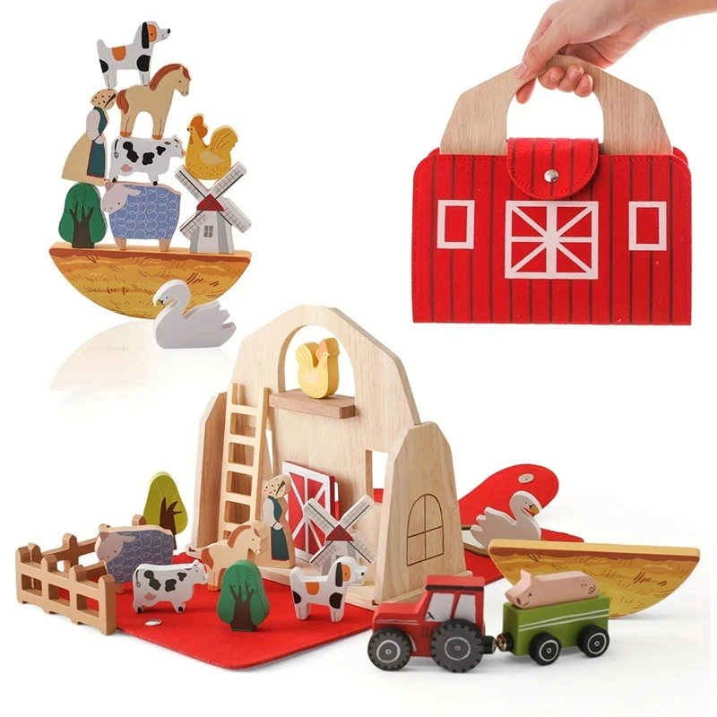 18Pcs Farm Animals Barn Toys Wooden Montessori Stacking For Toddlers Red Barn Toys Farm Pretend Playset Birthday Gift-Y46A