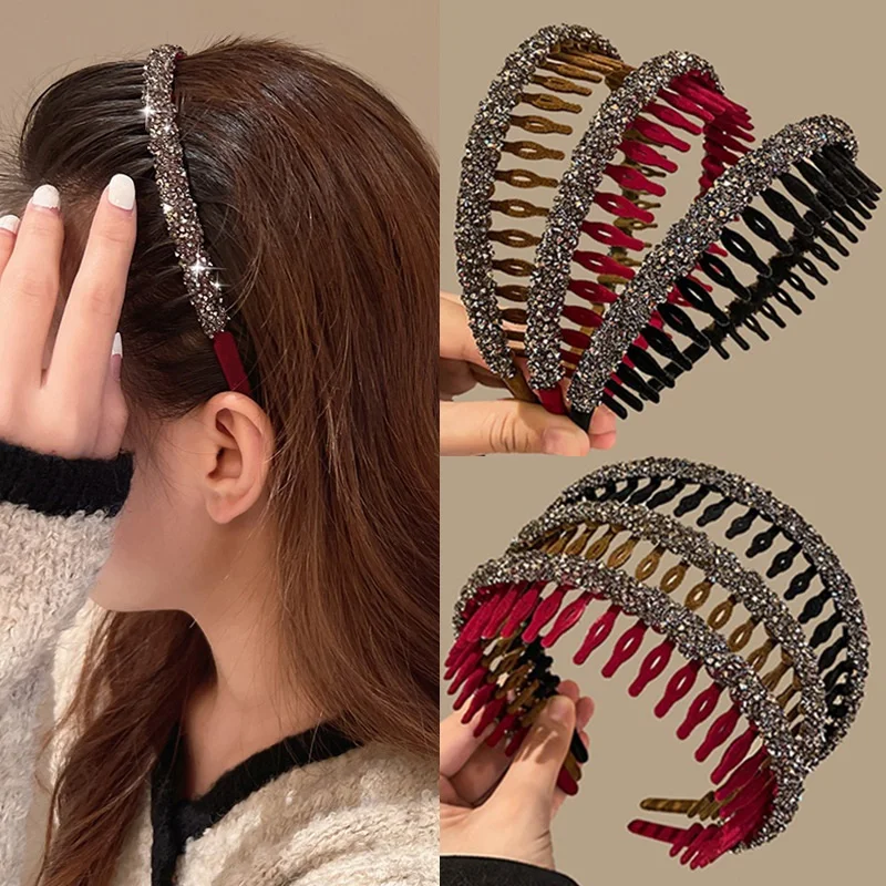 

2023 Fashion Rhinestone Flocking Hair Hoop Non-Slip Black Wavy Teeth Comb Flower Hair Bands Bangs Hairstyle Tool for Women Girls