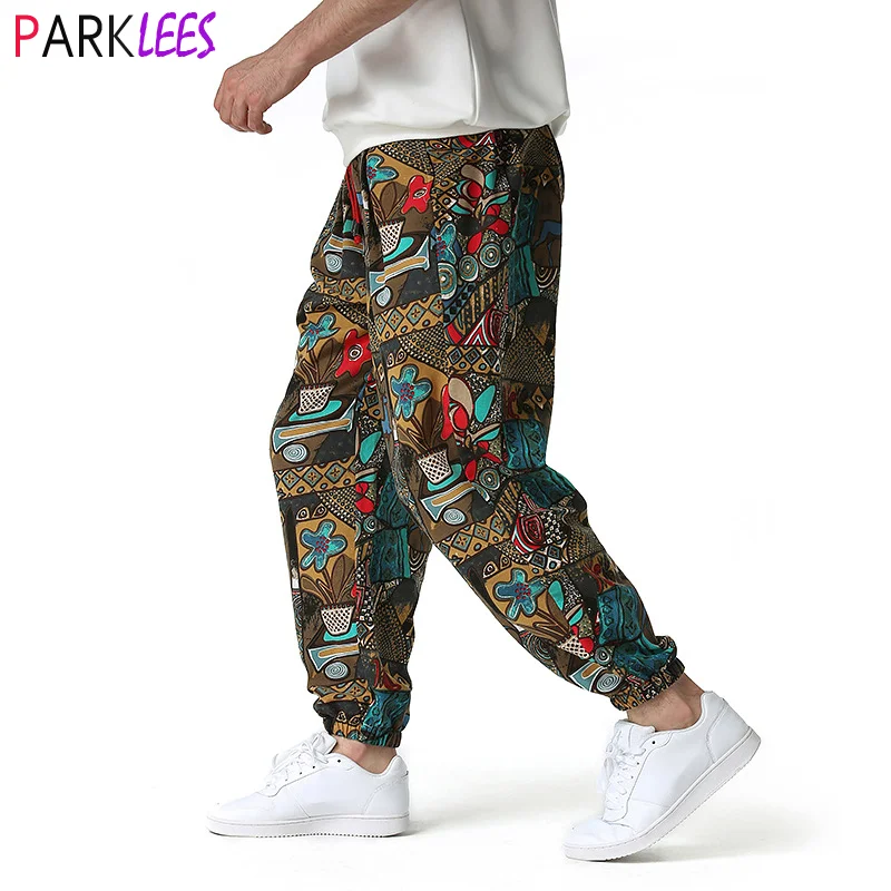 Linen Pants Men Cotton Pants Men Harem Pants Men Jogger Sweatpants Fashion Traditional Nation Print Cotton Linen Joggers Pants Men Hip Hop Harem Trousers Mens Hippie Casual Streetwear Sweatpants