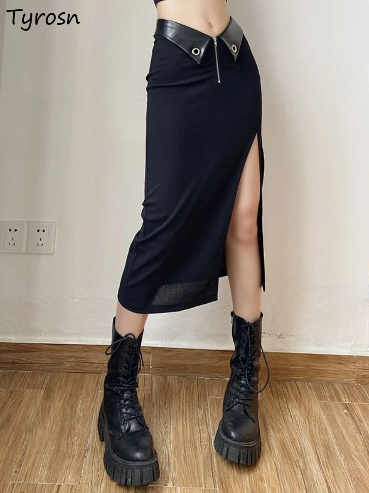 

Midi Skirts Women American Style Fashion Simple Patchwork Leisure Daily Streetwear Ladies Sexy Tender Elegant Temperament Slit