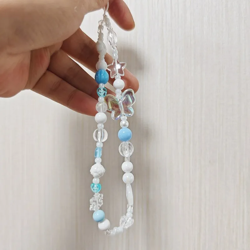 Blue Flower & Butterfly Beaded Phone Charm Lanyard Strap