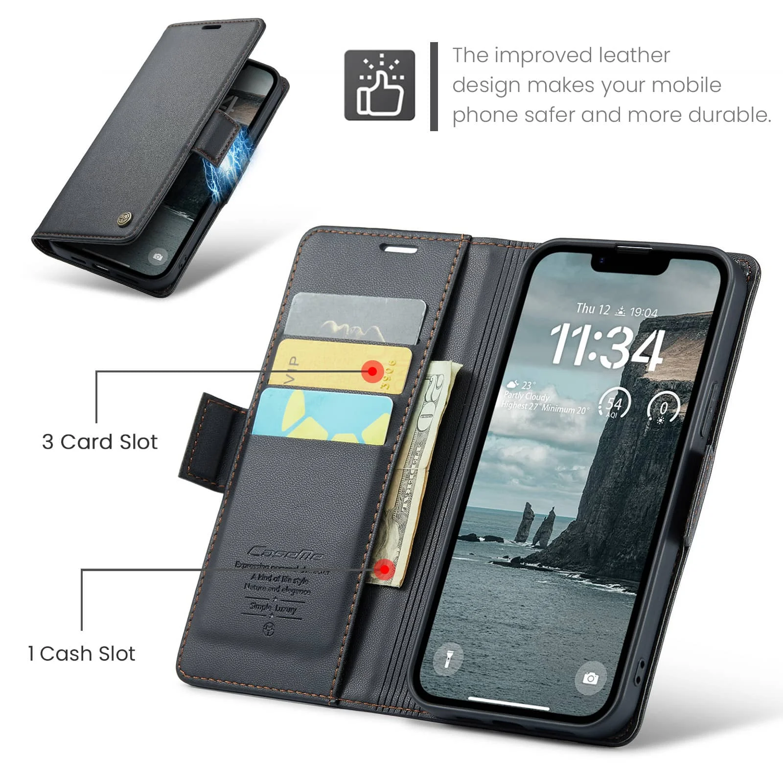 Leather Wallet Case with Card Holder & RFID Blocking, Shockproof Design with Magnetic Clasp and Kickstand