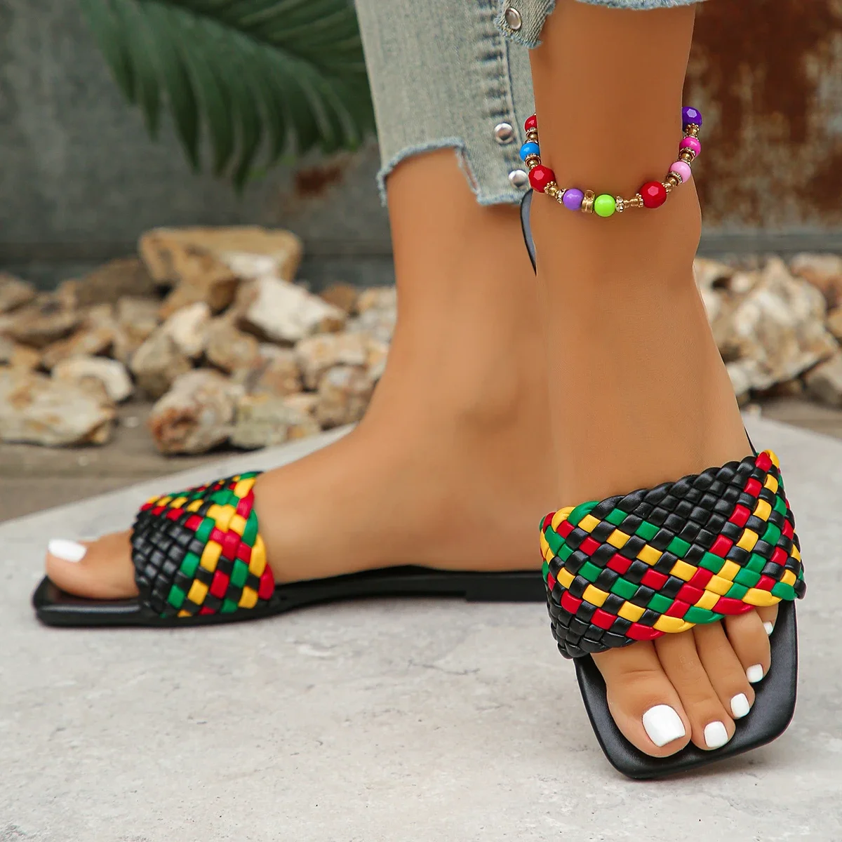 Women Slippers Summer Fashion Beach Mules Casual Indoor Home Slippers Selling Sexy Braided Square Toe Flat Sandals Slides Women 6
