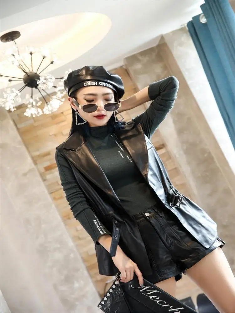 

YR!Free shipping.wholesales.Women black fashion genuine leather jacket.long slim soft Sheepskin vest.brand new vest.