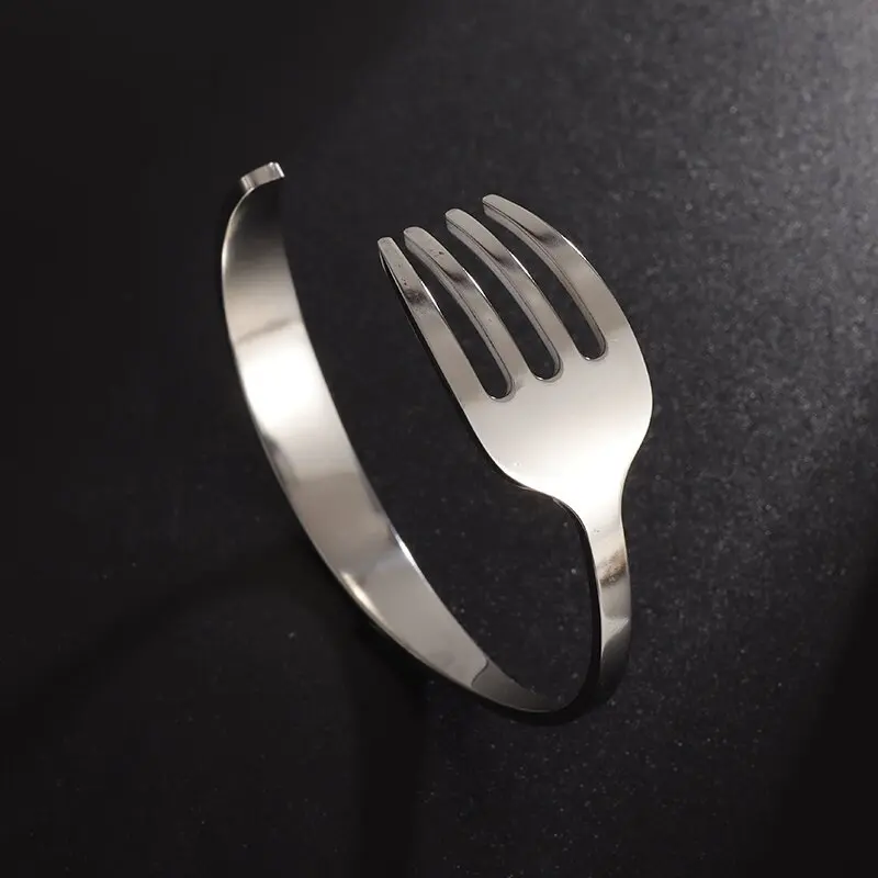 Stainless Steel Bracelet Simple Curved Cutlery Fork Cuff Fun Tricolor Open Men Ladies Hip Hop Cool Jewelry