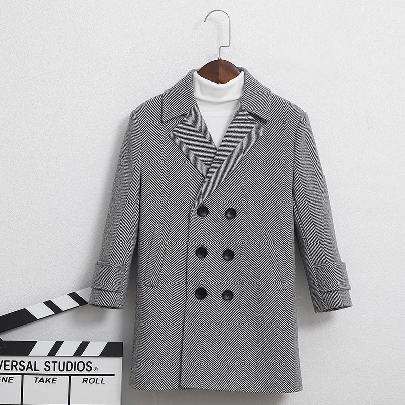 Boys Woolen Blends Coats For Autumn Winter New Fashion Solid Plus Cotton Warm Turn Collar Long Outerwear Children's Clothes