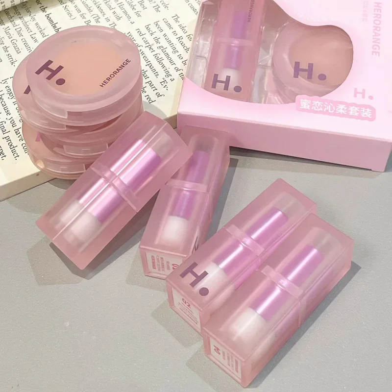 Monochrome Face Blush Pallete & Velvet Matte Lipstick Set Mineral Pigment Cheek Blusher Powder Lasting Makeup Contour Shadow