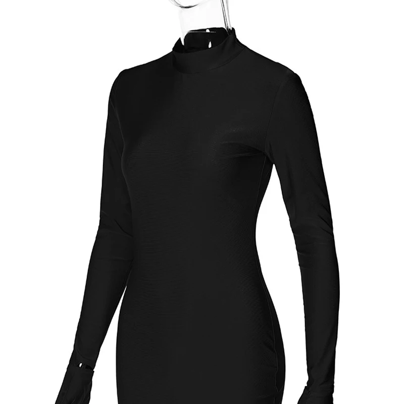 Solide Langarm Mit Handschuhe Mini Kleid Bodycon Sexy Streetwear Party Hälfte Rollkragen Outfits Y2K Kleidung Großhandel – Detail 27