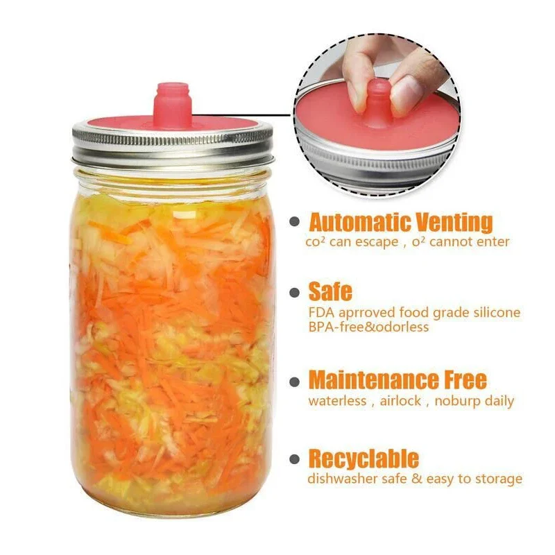 Silicone Waterless Fermenting Airlock Lids Covers Stainless Steel Band For Wide Mouth Mason Jar Sealed Lid Kitchen Supplies