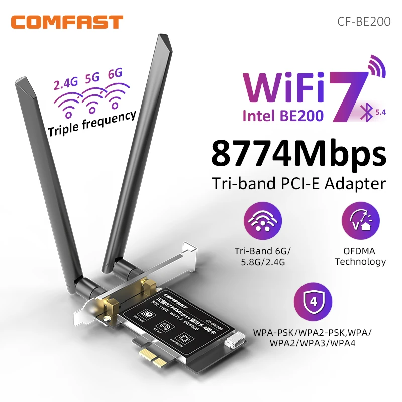 Placa de Rede sem Fio Pcie Wi-fi Intel Be200 Pci-e 2.4g 5g 6ghz Tri-band 8774mbps Chip Be200ngw 802.11be Bluetooth 5.4 Novo