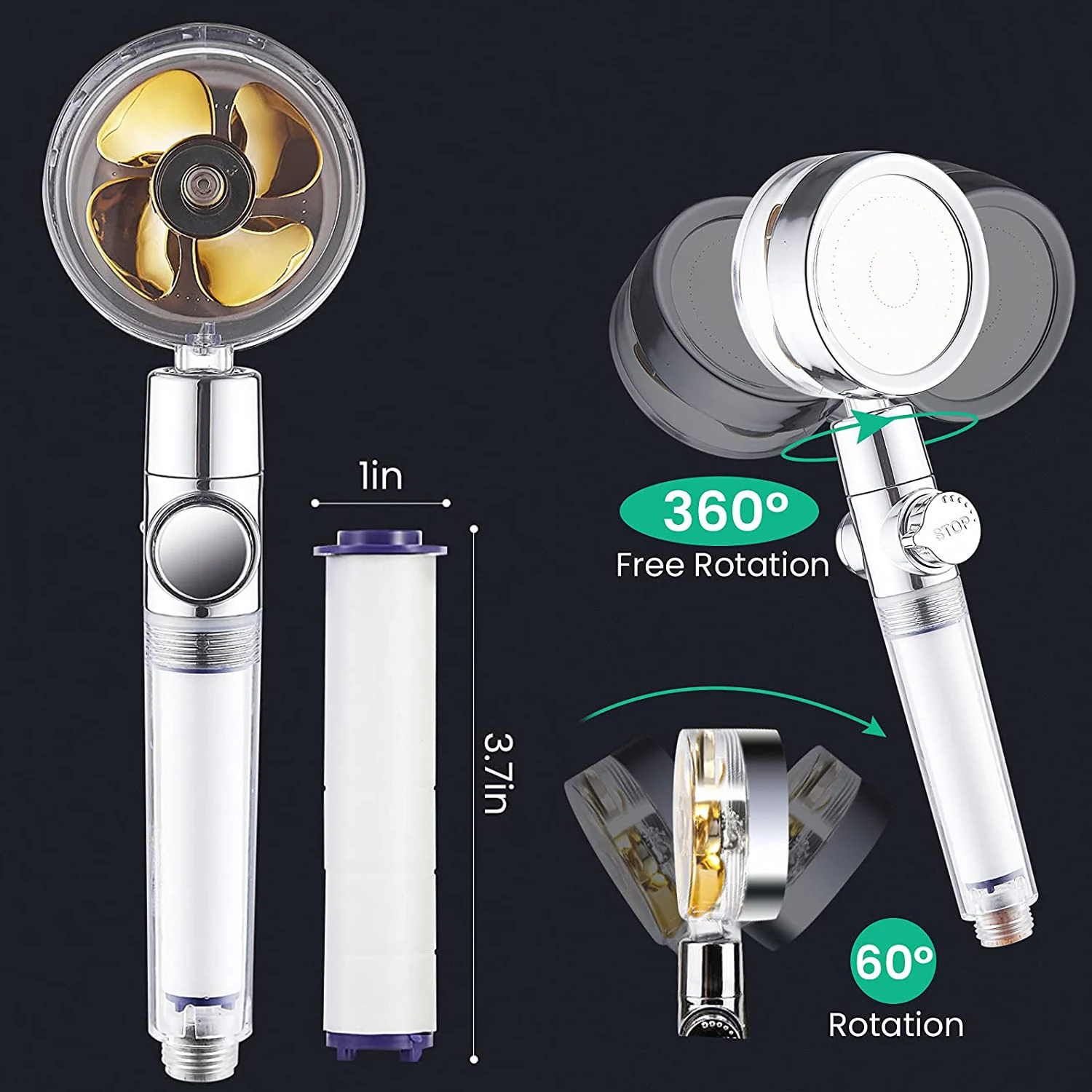 Turbo Propeller Water Saving Shower Head and Holder High Preassure