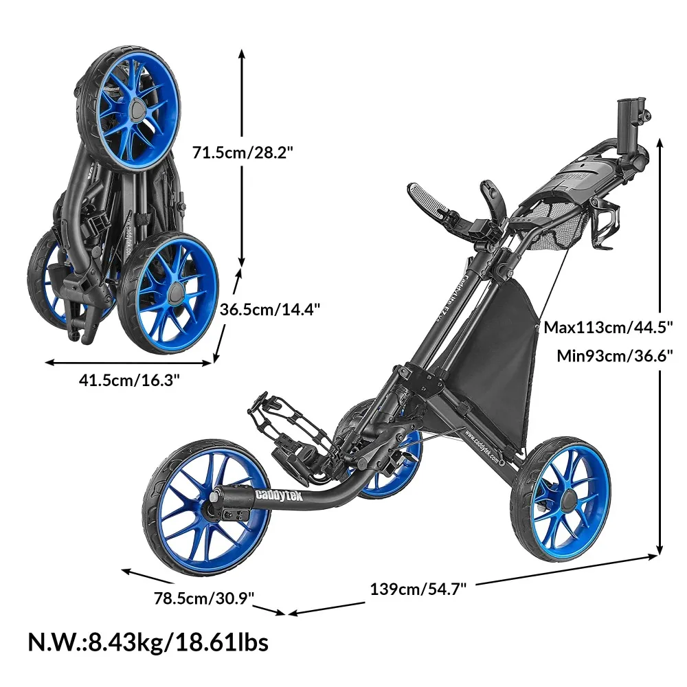 CaddyTek 3 Wheel Golf Push Cart - Foldable Collapsible Lightweight Pushcart with Foot Brake - Easy to Open & Close 2
