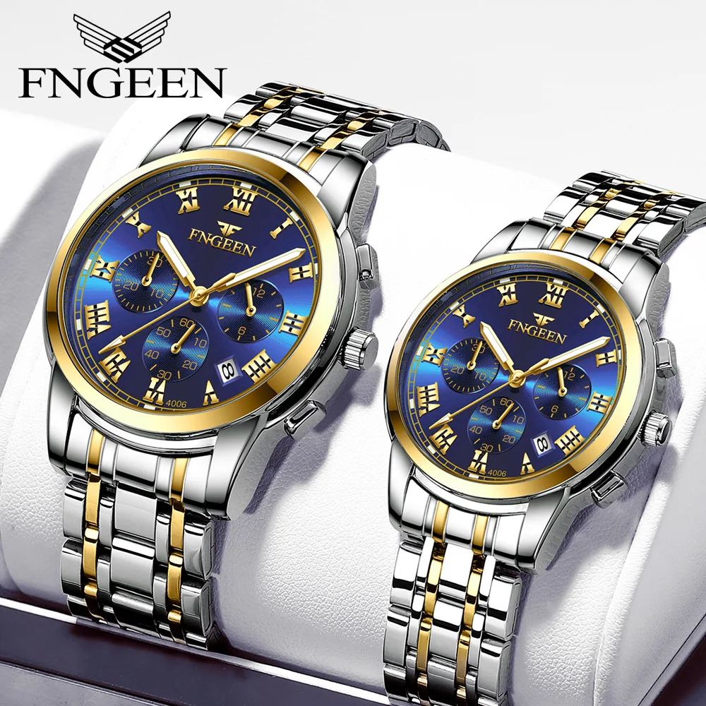 

FNGEEN Couple Watch Luminous Calendar Date Luxury Big Dial Waterproof Three-eye Six-pin Sports Men Women Round Quartz Clock