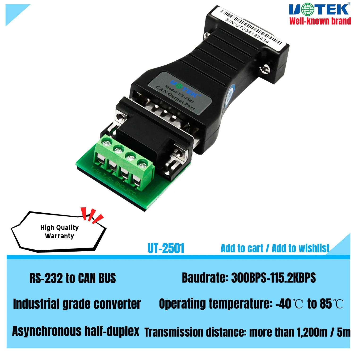 

UOTEK Industrial Grade RS-232 to CAN BUS Level Converter Canbus to RS232 Adapter UT-2501 Connector Half Duplex 300BPS-115.2KBP