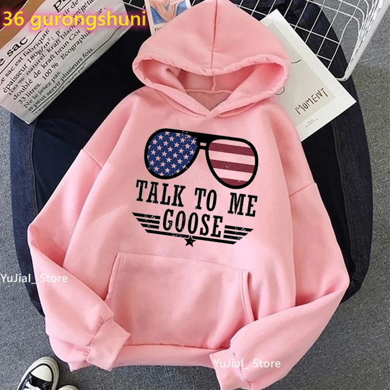 American Flag Cap Hoodies Femme Talk To Me Goose Graphic Print Sweatshirt Women Fashion Long-Sleeved Velvet Thickening Tops