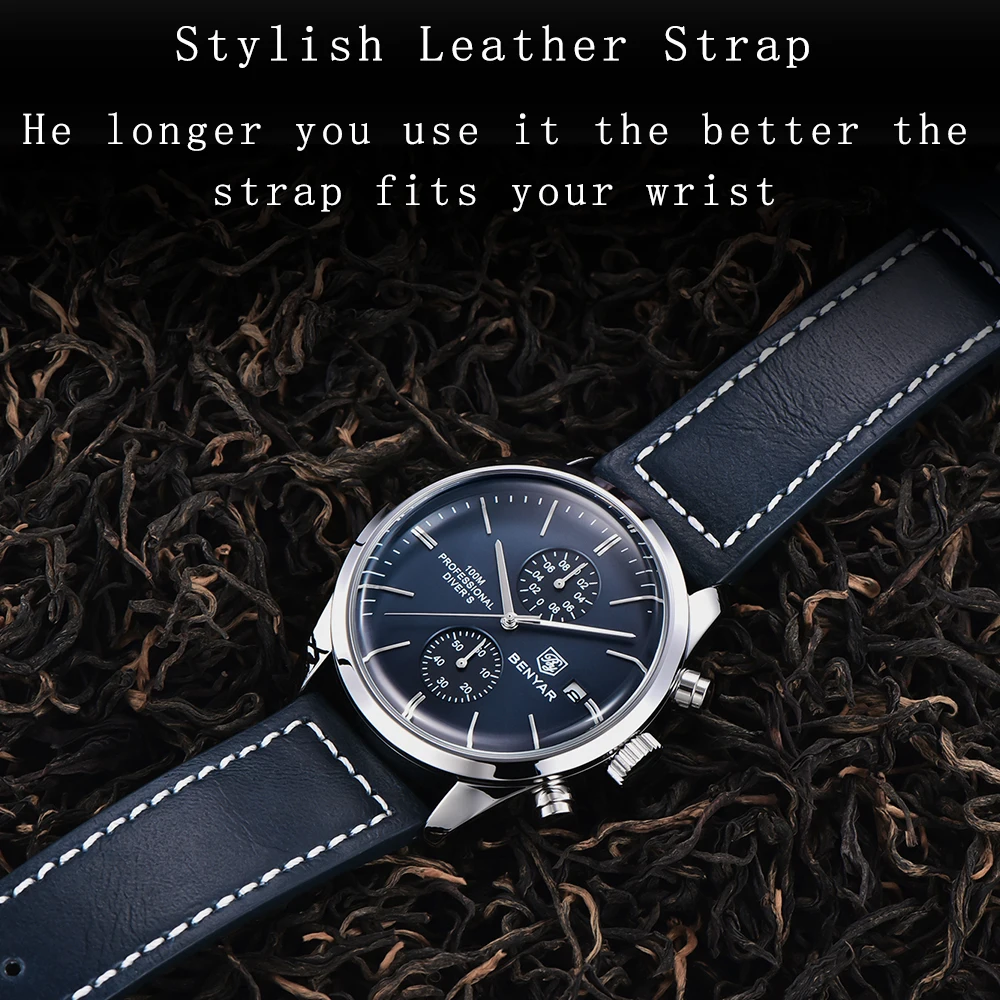 2022 New BENYAR Leather Men Quartz Wristwatches Luxury Brand 100M Waterproof Men Watch Military Sports Chronograph Watch for Men