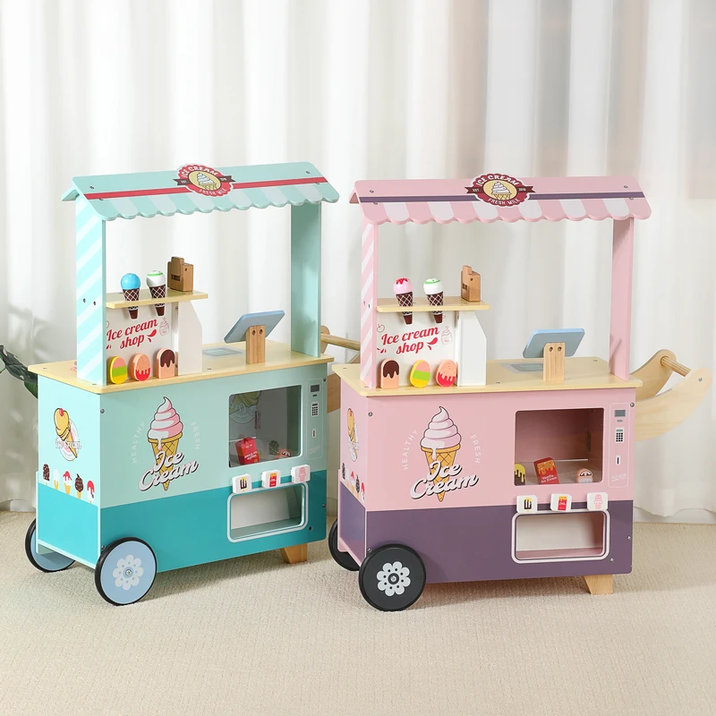 Kids Pretend Play Wooden Ice Cream Vending Cart Toy 3