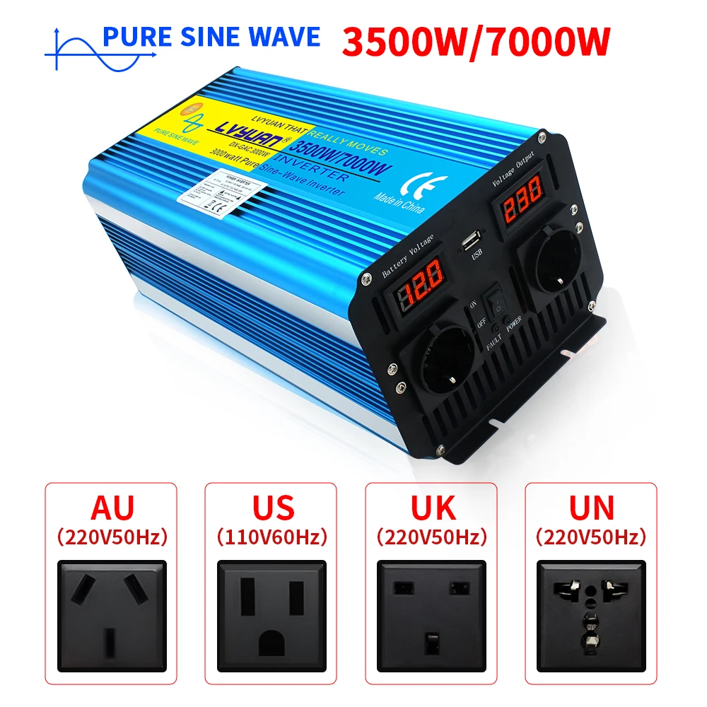 

Pure Sine Wave Power Inverter Continuous power 3500W dc 12v/24v LED display suitable for ac 110V 220V 240V solar converter car