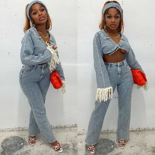 Fashion Denim Women's Set Tassel Long Sleeve Crop Jean Jackets And Pants With Scarf 2023 Autumn Two 2 Piece Set Outfit Tracksuit