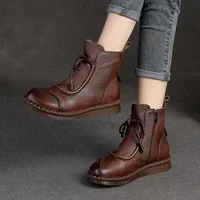 Women's Vintage Flat Ankle Boots for Autumn/Winter - Soft Leather Comfortable Boots, Lace-Up Side Zipper Plush Lined Warm Boots