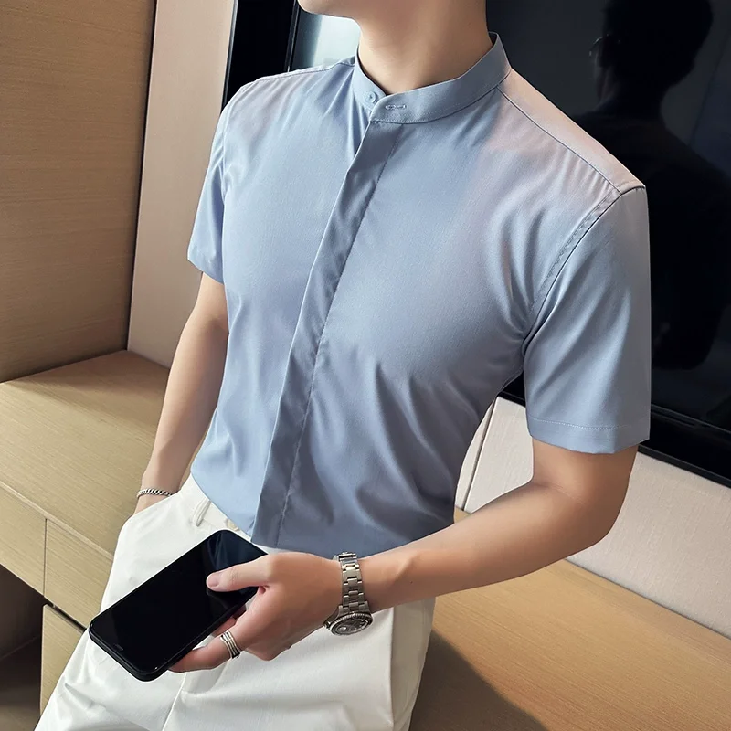 

High quality standing collar shirts for Men Summer new short sleeve round neck dress shirt Casual fashion Tops&Tees men clothing