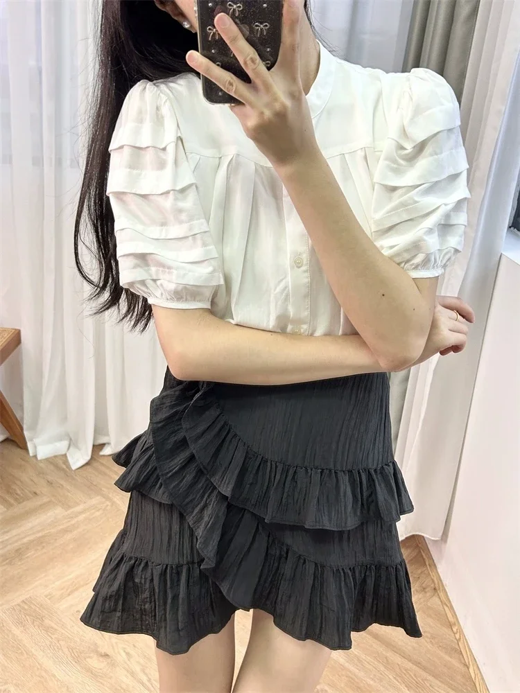 

2024 Summer Women Black Irregular Mini Skirt Ruffles High Waist A-line Jupe for Female