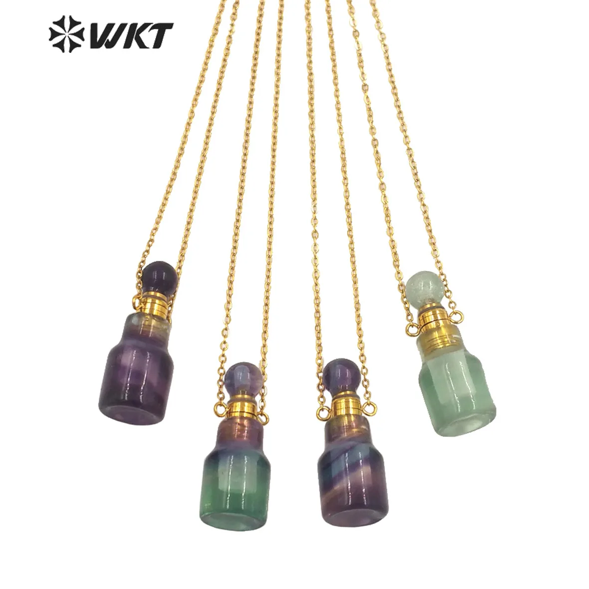 

WT-N1455 WKT 2023 Fashion Style Rainbow Fluorite Perfume Bottle Pendant Necklace 18k Gold Plated Women Accessory