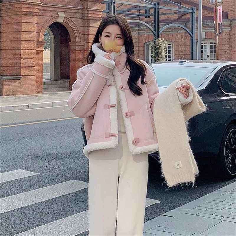 Academy Style Fashion Fur integrated Lamb Fur Jacket for Women's Winter 2024 New Loose Thickened Deer Skin Velvet Fur Coats Pink