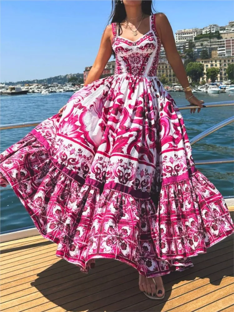 

RDMQ 2023 Fashion Vintage Print A-line Dress Women Elegant Sleeveless Slim Fit Maxi Dresses Lady Causal High Streetwear Vestidos