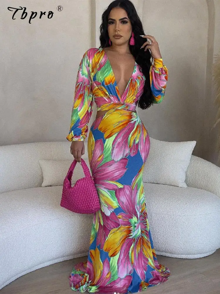 

Boho Women's Print Deep V Long Sleeve Maxi Dress Female Elegant Slim Vestidos 2023 Summer Vintage Lady Party Holiday Dresses