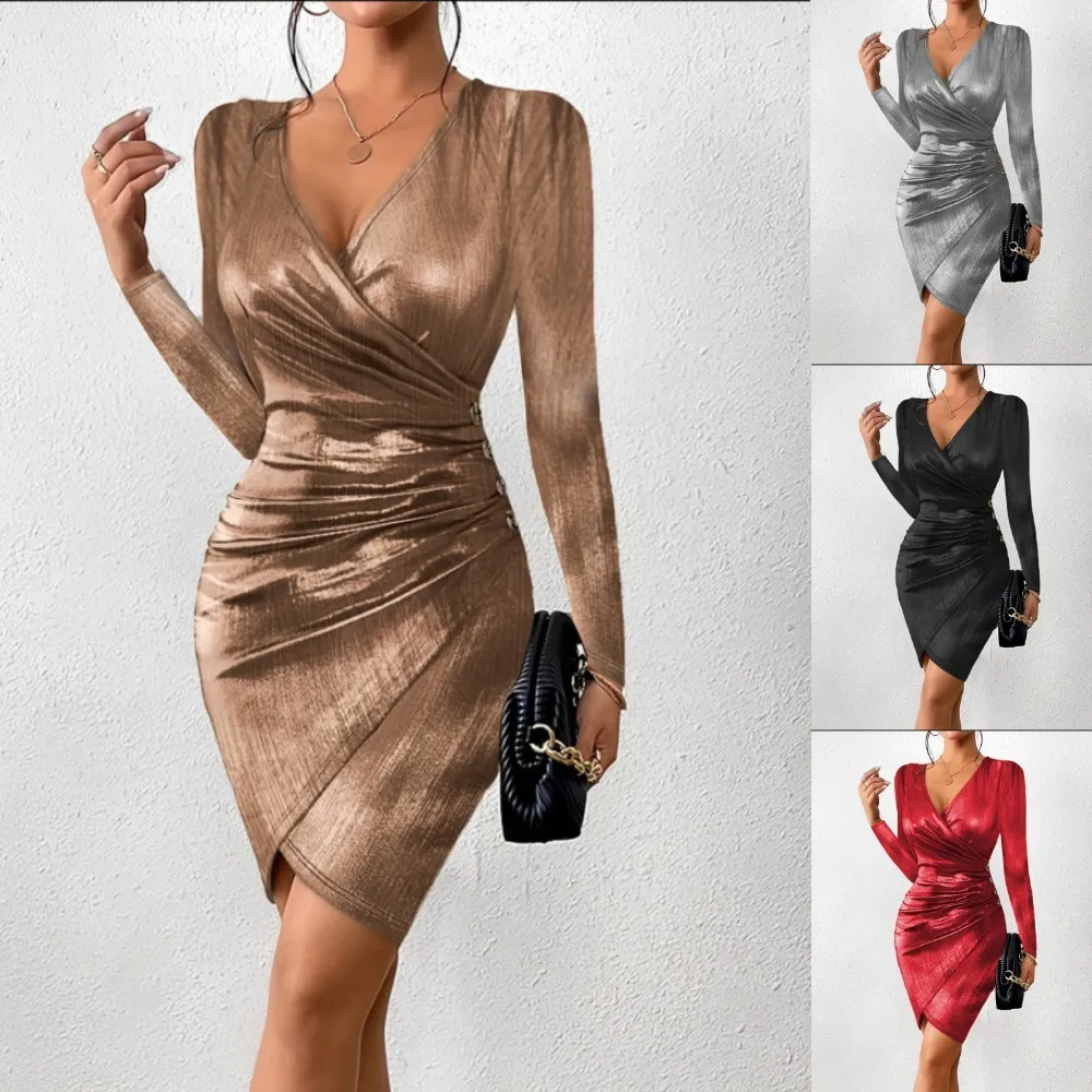 

Elegant Slim Evening Party Dress Women Sexy Deep V-neck Ruched Desige Buttons Patchwork Cross Hem Solid Mini Dresses Robe Femme