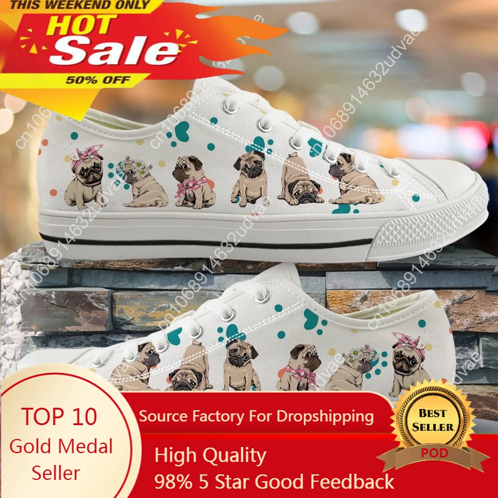 Cute Pug Dog and Paw Footprint Pattern Woman Low Top Canvas Shoes Spring/Autumn Woman Sneakers Girl Vulcanized Shoe