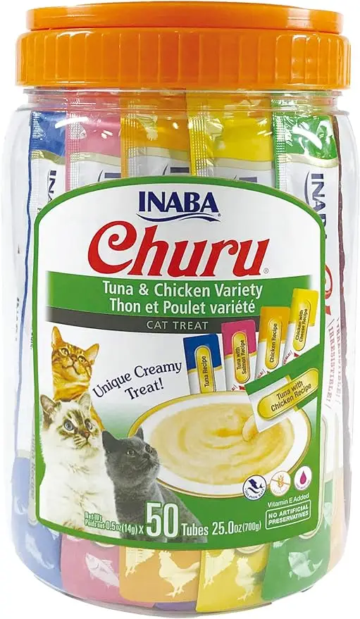 INABA Churu Cat Treats, Grain-Free, Lickable, Squeezable Creamy Purée Cat Treat/Topper with Vitamin E & Taurine,