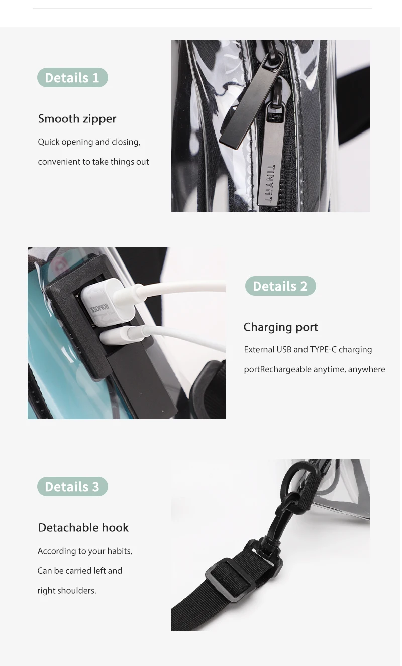 Die mehrfarbige, durchsichtige Damen-Brusttasche von TINYAT wird mit USB, Typ-C-Anschluss geliefert, geeignet für die Teilnahme von Konzerten und Partys im Freien teilnehmen – Detail 7